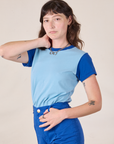 Mismatched Tee in Baby & Royal Blue angled front view on Alex