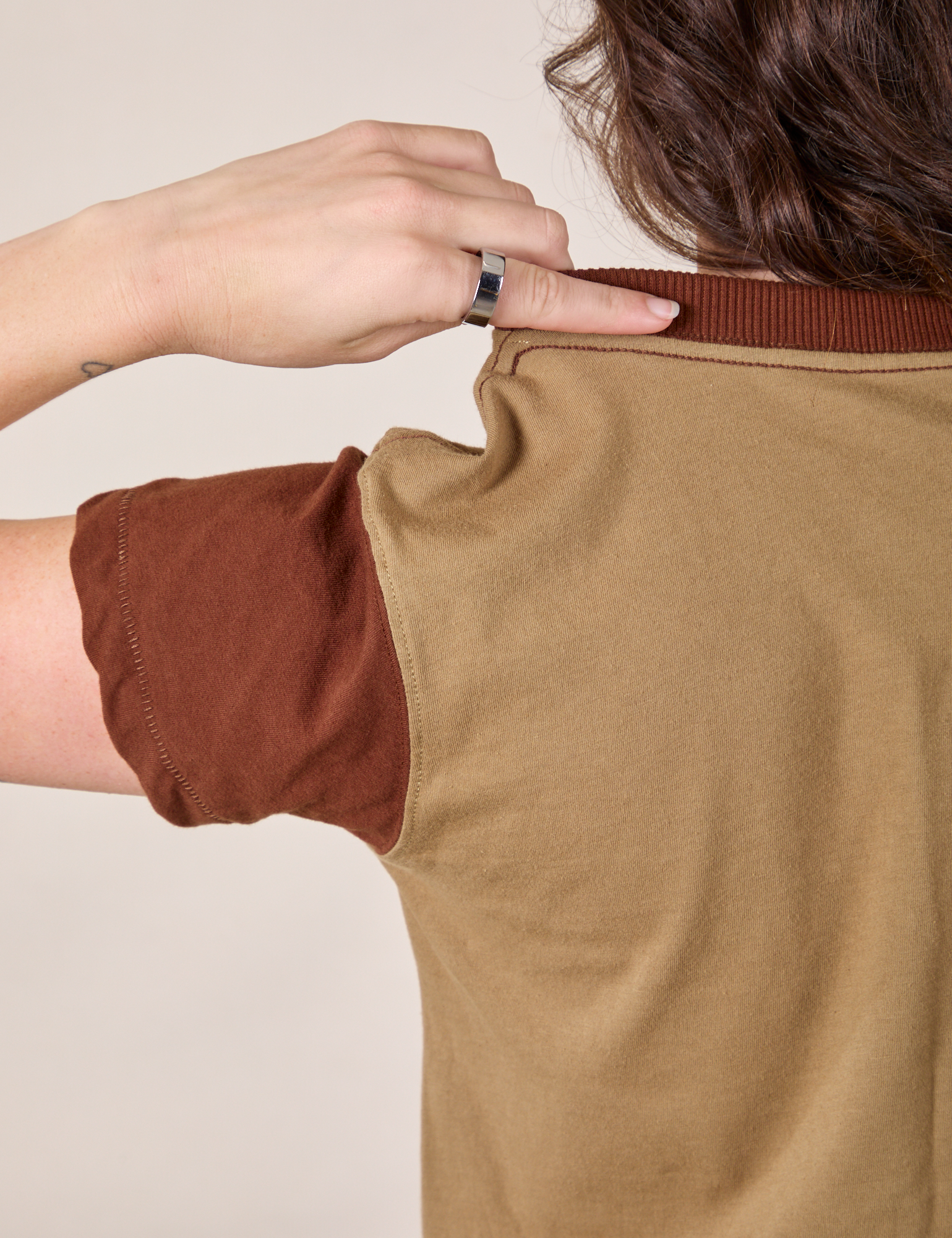 Mismatched Tee in Tan & Brown back shoulder close up on Alex