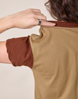 Mismatched Tee in Tan & Brown back shoulder close up on Alex