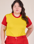 Ashley is 5’7” and wearing L Mismatched Tee in Yellow & Red