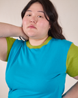 Mismatched Tee in Blue & Green front close up on Ashley