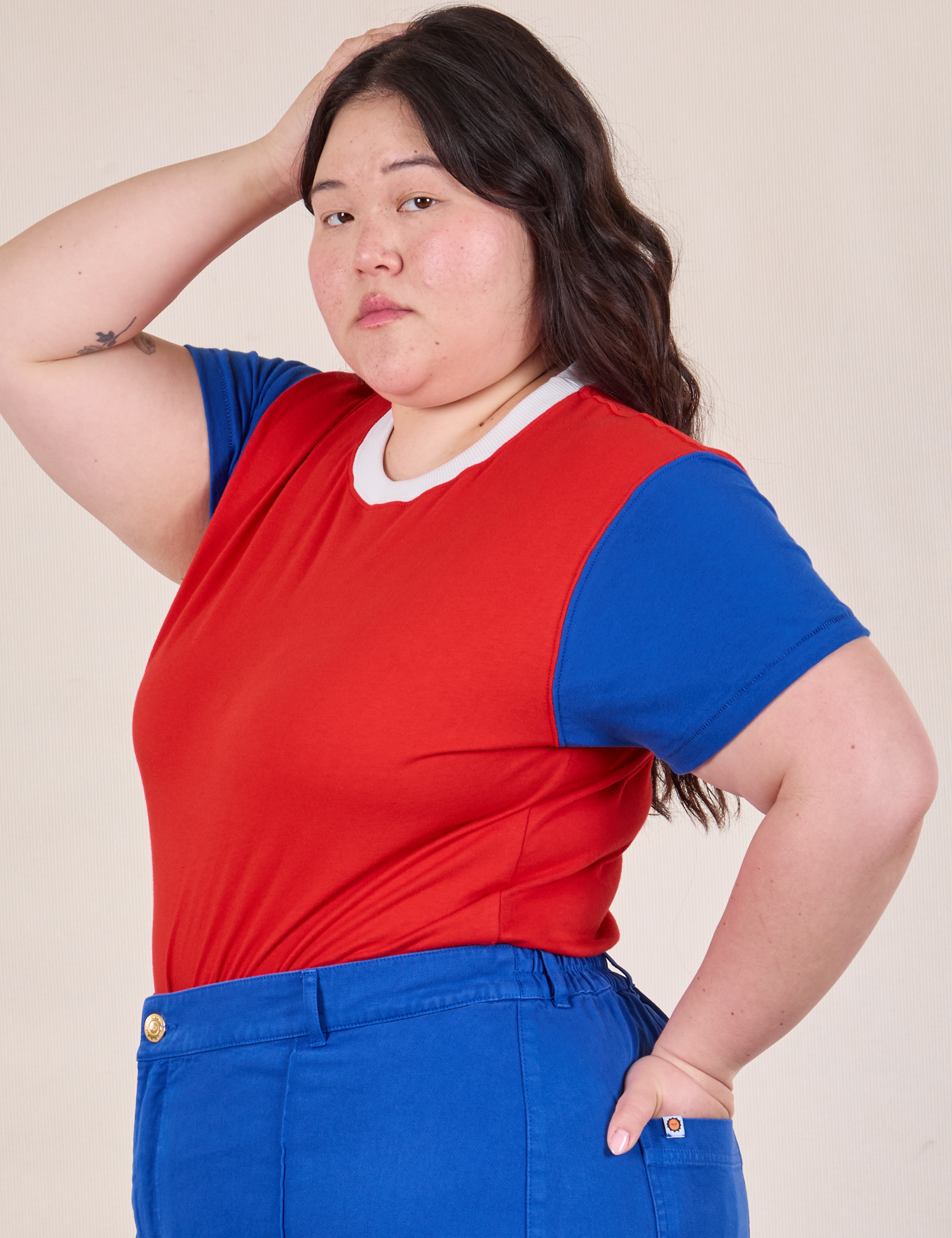 Mismatched Tee in Red & Blue side view on Ashley