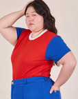 Mismatched Tee in Red & Blue side view on Ashley