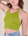 Halter Top in Gross Green close up on Alex