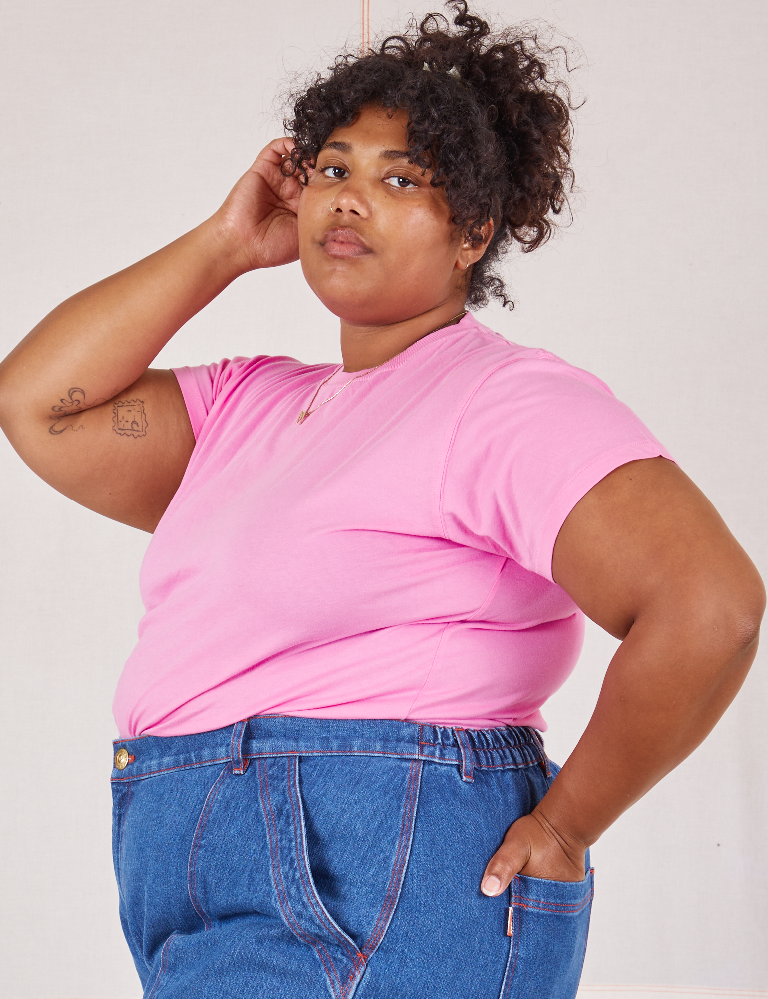 Organic Vintage Tee in Bubblegum Pink side view on Morgan