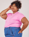 Organic Vintage Tee in Bubblegum Pink side view on Morgan