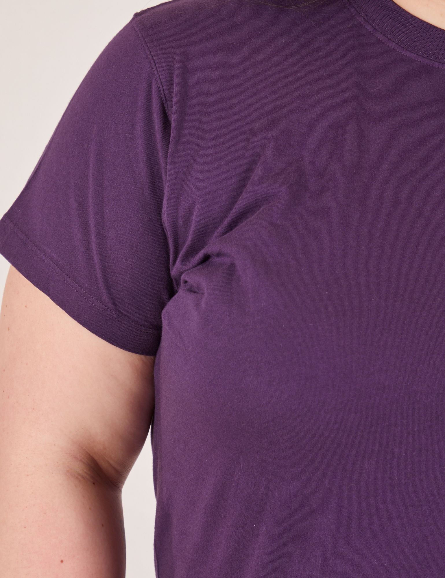 Front close up of The Organic Vintage Tee in Nebula Purple worn by Ashley&#39;