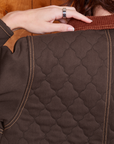 Back shoulder close up of Quilted Overcoat in Espresso Brown on Alex