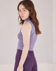 Side view of Sleeveless Essential Turtleneck in Faded Grape on Hana