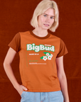 Madeline is 5'9" and wearing P Vintage Tee in Orange Soda