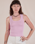 Alex is 5'8" and wearing P Tank Top in Lilac