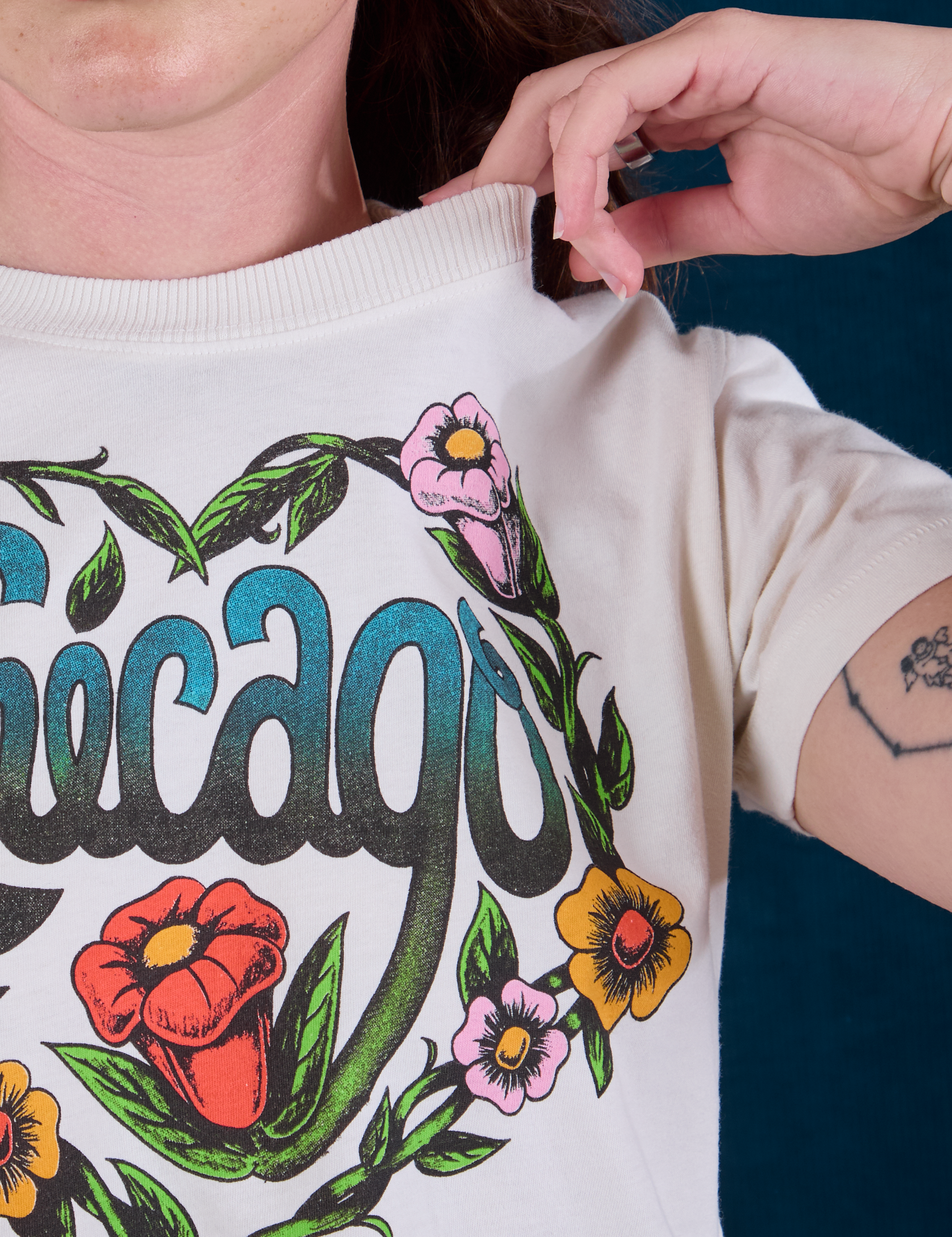 Chicago Tourist Tee front close up on Alex