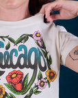 Chicago Tourist Tee front close up on Alex