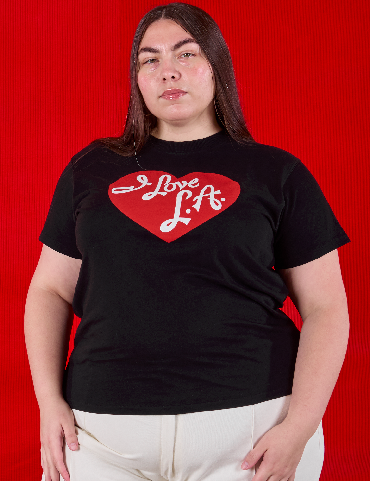 Marielena is 5'8" and wearing L  I love LA Tourist Tee