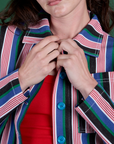 Stripe Work Jacket in Pacific Stripe front close up on Alex
