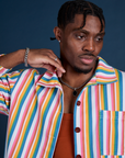 Stripe Work Jacket in Rainbow Stripe front close up on Isaac