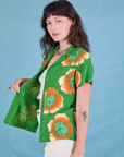 Paintstamped Pantry Button-Up in Kelly Green side view on Alex