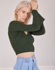 Bell Sleeve Top in Swamp Green angled front view on Madeline