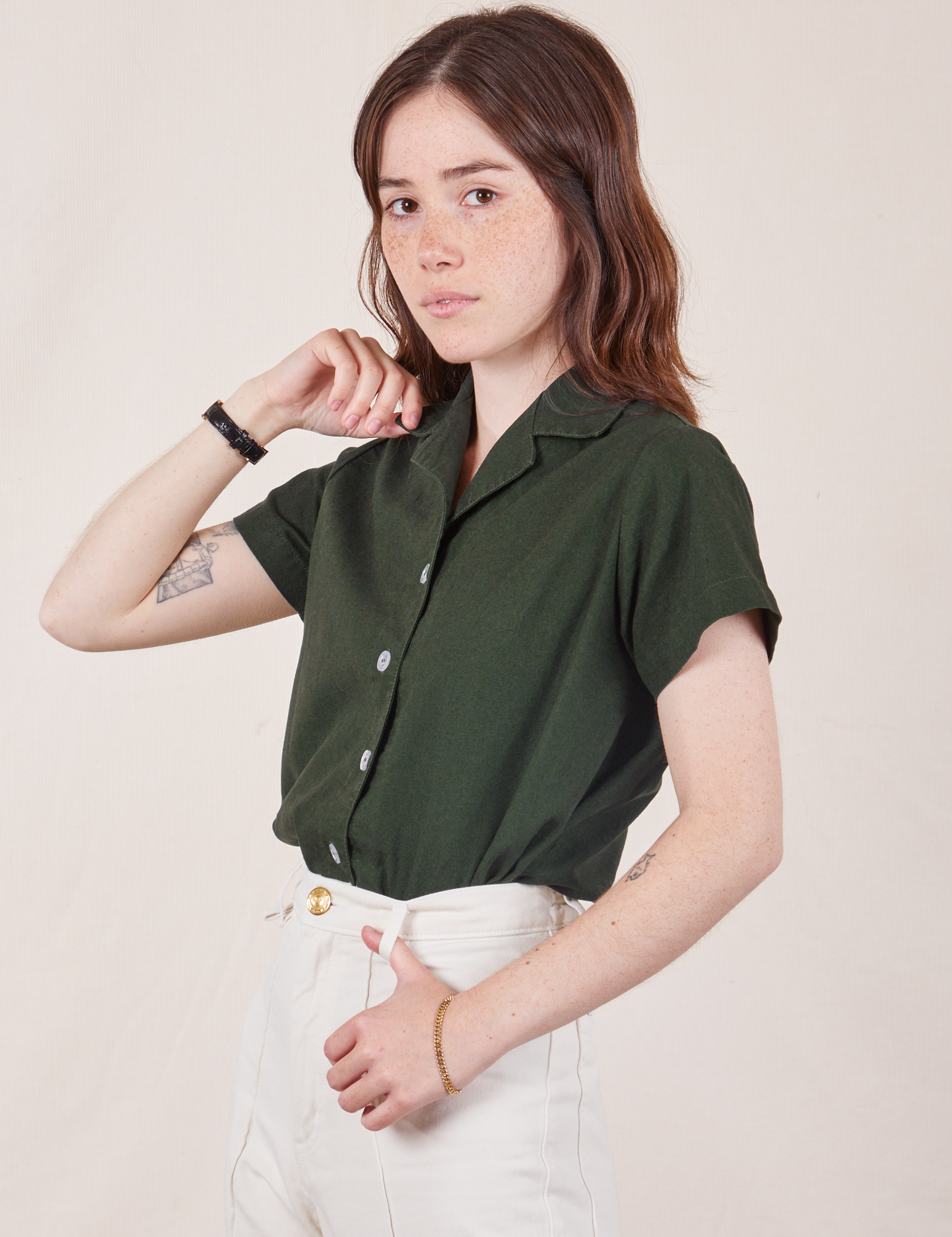 Pantry Button-Up in Swamp Green front angled view on Hana