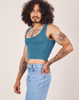 Angled view of Cropped Tank Top in Marine Blue worn by Jesse