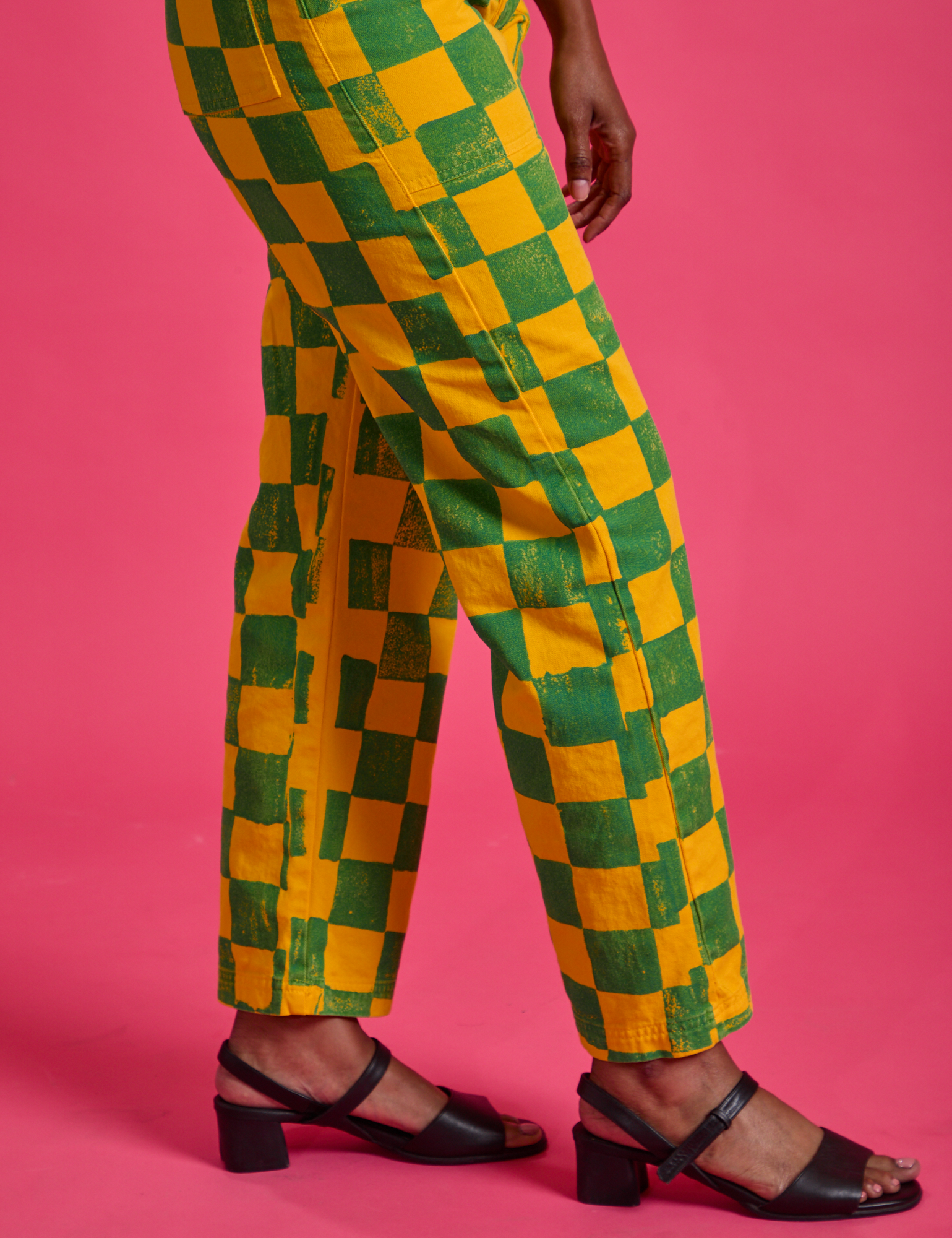 Checkerboard Work Pants in Green/Yellow side close up on Kandia