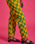Checkerboard Work Pants in Green/Yellow side close up on Kandia