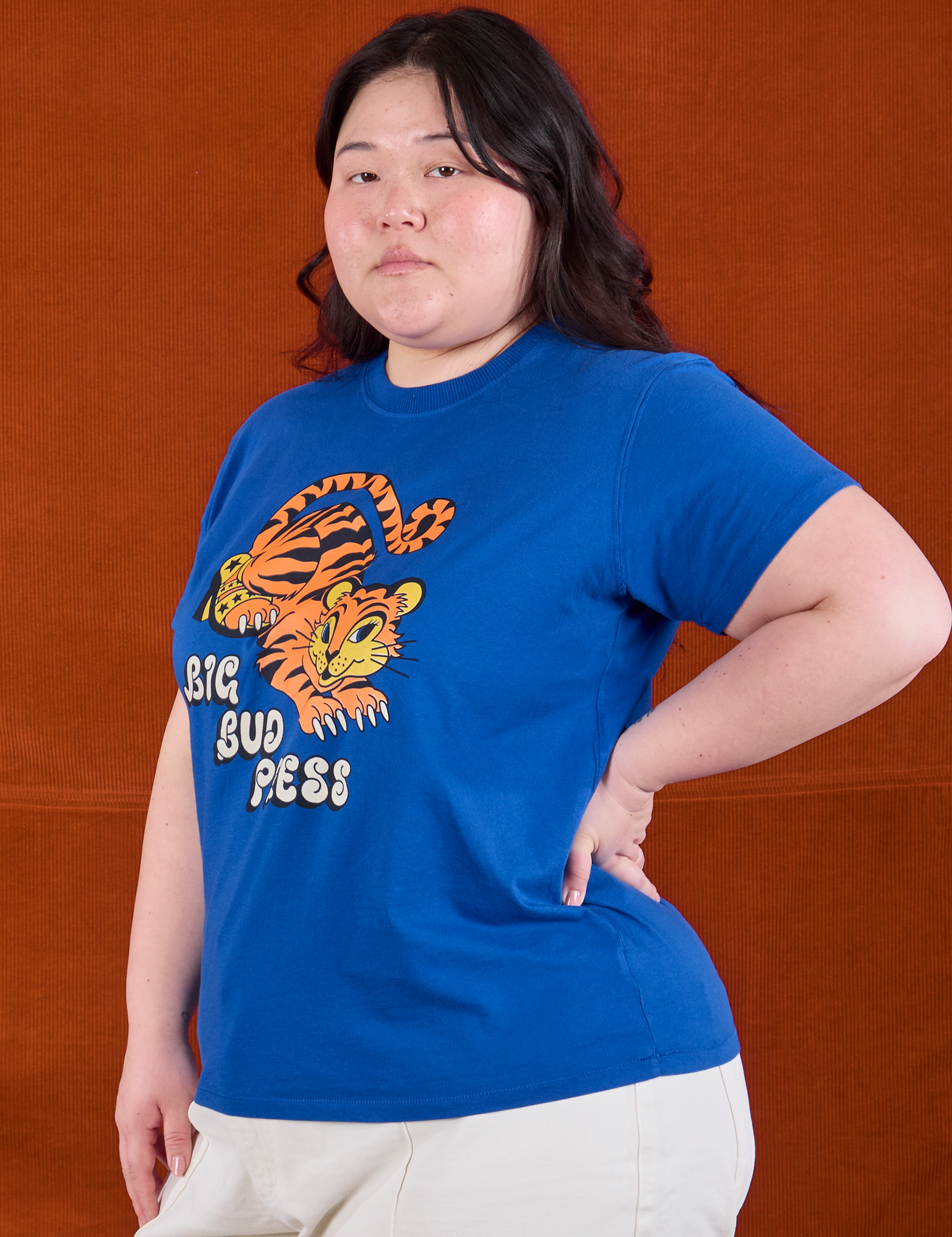 BBP Tiger Tee angled front view on Ashley