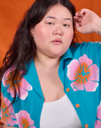 Paintstamped Pantry Button-Up in Hawaiian Blue close up on Ashley
