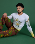 Floral Painted Work Pants in Brown and Floral Long Sleeve Baby Tee in Yellow worn by Jesse