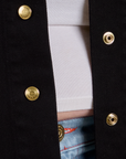 Close up of sun baby brass button snaps on Work Jacket in Basic Black