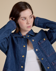 Indigo Denim Work Jacket in Dark Wash close up on Hana