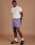 Angled front view of Classic Work Shorts in Faded Grape and Organic Vintage Tee in Vintage Off-White