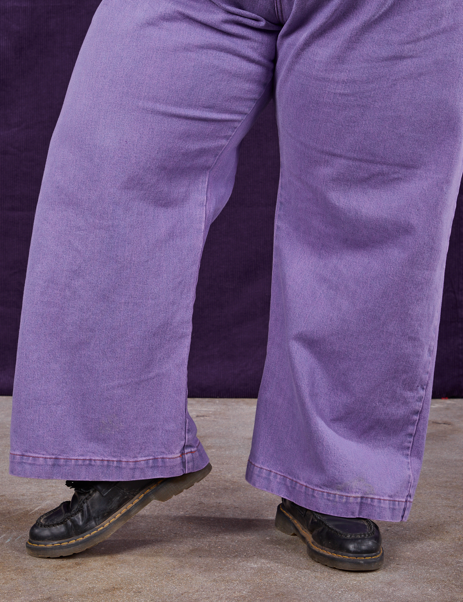 Overdyed Wide Leg Trousers in Faded Grape pant leg close up on Sam