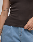 Baby Tee in Espresso Brown close up on Alex