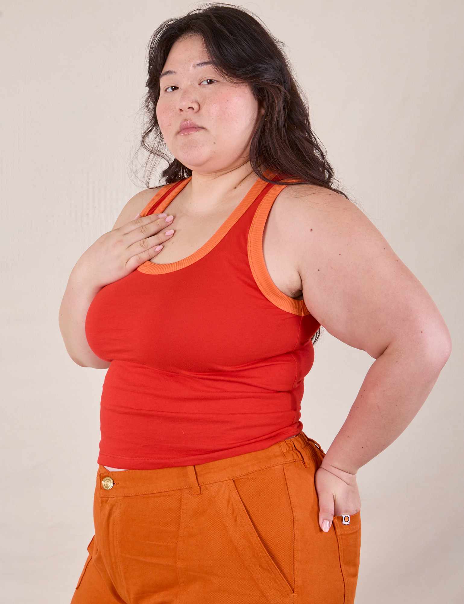 Colorblock Cropped Tank in Mustang Red angled front view on Ashley