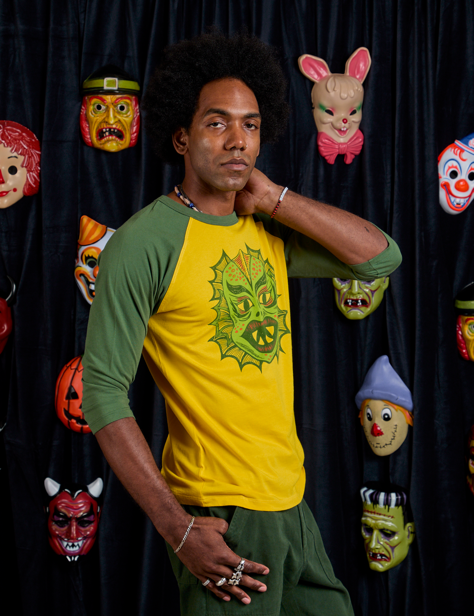 Raglan Tee in Creature angled front view on Jerrod