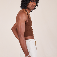Side view of Halter Top in Fudgesicle Brown and vintage off-white Western Pants worn by Jerrod