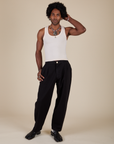 Jerrod is 6'3" and wearing M Heavyweight Trousers in Basic Black