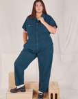 Katie is 6’2” and wearing 2XL Heritage Short Sleeve Jumpsuit in Lagoon