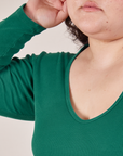 Long Sleeve V-Neck Tee in Hunter Green neckline close up on Ashley