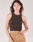Alex is 5’8” and wearing P Racerback Tank in Espresso Brown