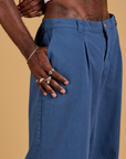 Side view close up of Baggy Mid-Rise Trousers in French Blue on Jerrod