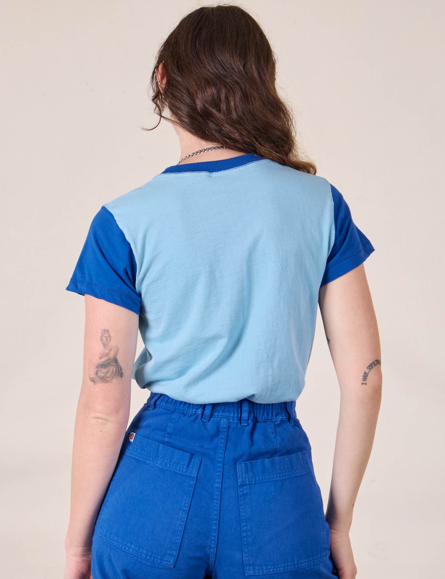 Mismatched Tee in Baby & Royal Blue back view on Alex