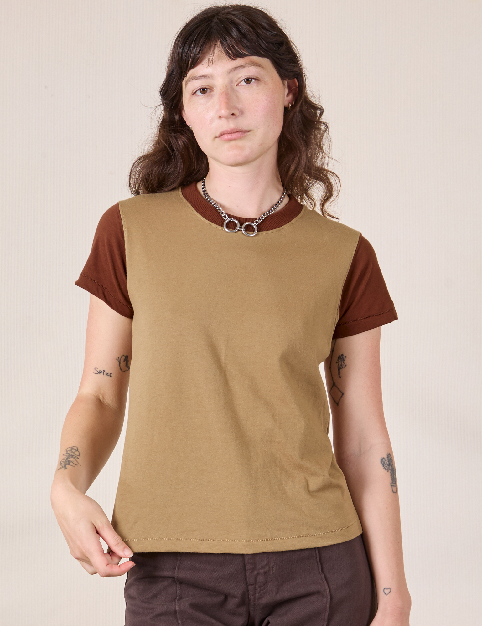 Mismatched Tee in Tan & Brown on Alex
