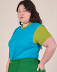 Mismatched Tee in Blue & Green side view on Ashley