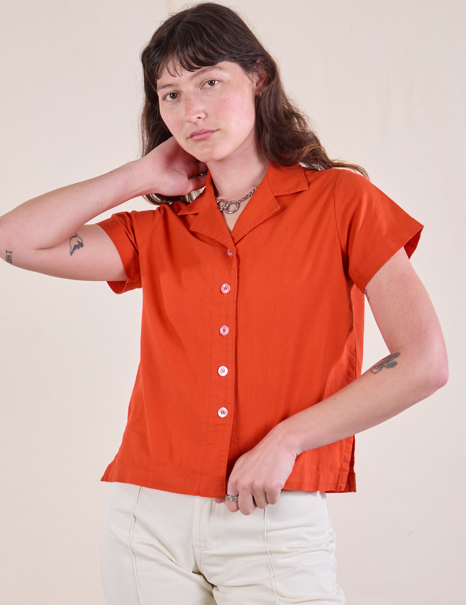Pantry Button-Up in Chili Red worn by Alex