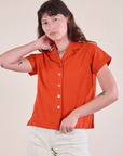Pantry Button-Up in Chili Red worn by Alex
