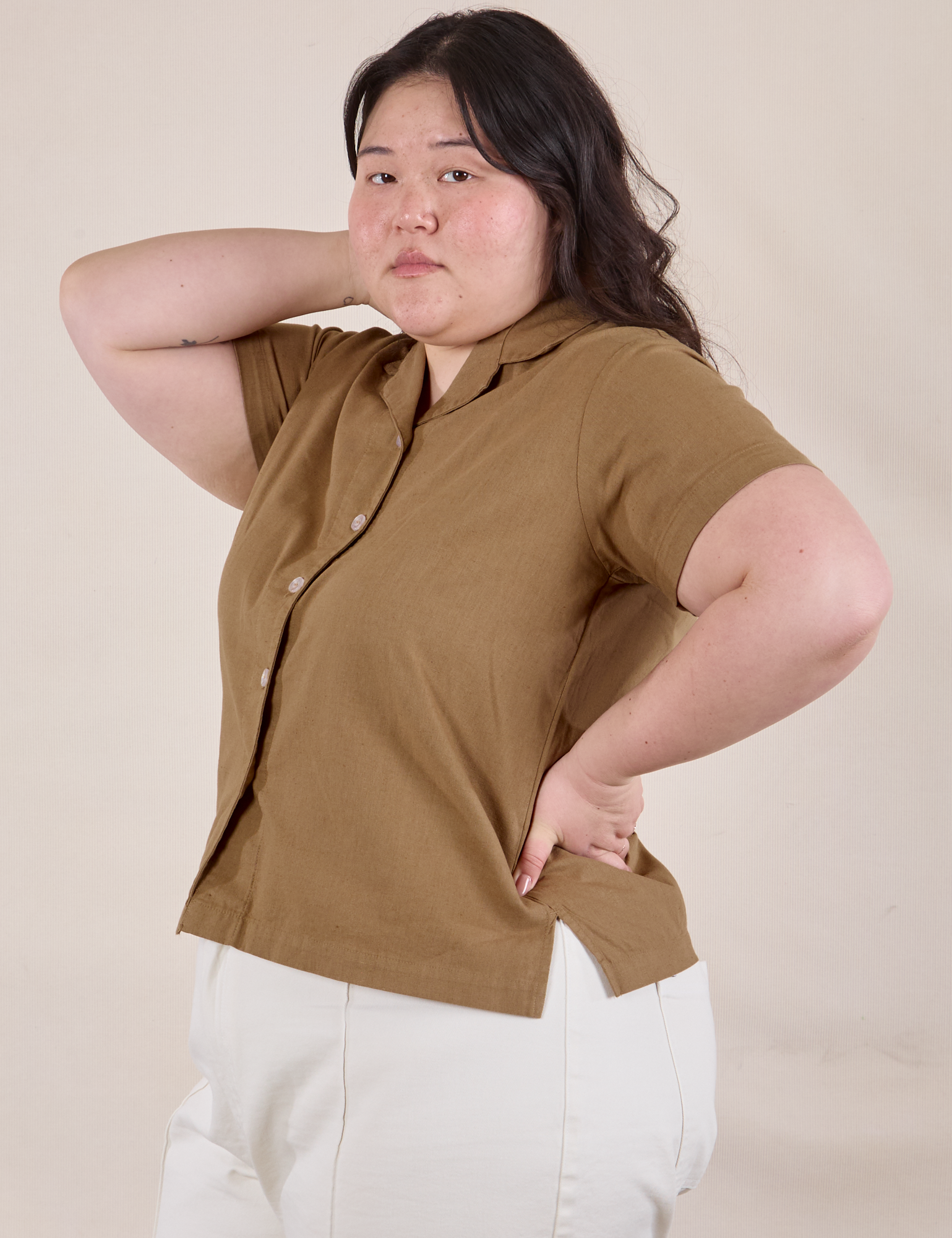 Pantry Button-Up in Desert Brown angled front view on Ashley