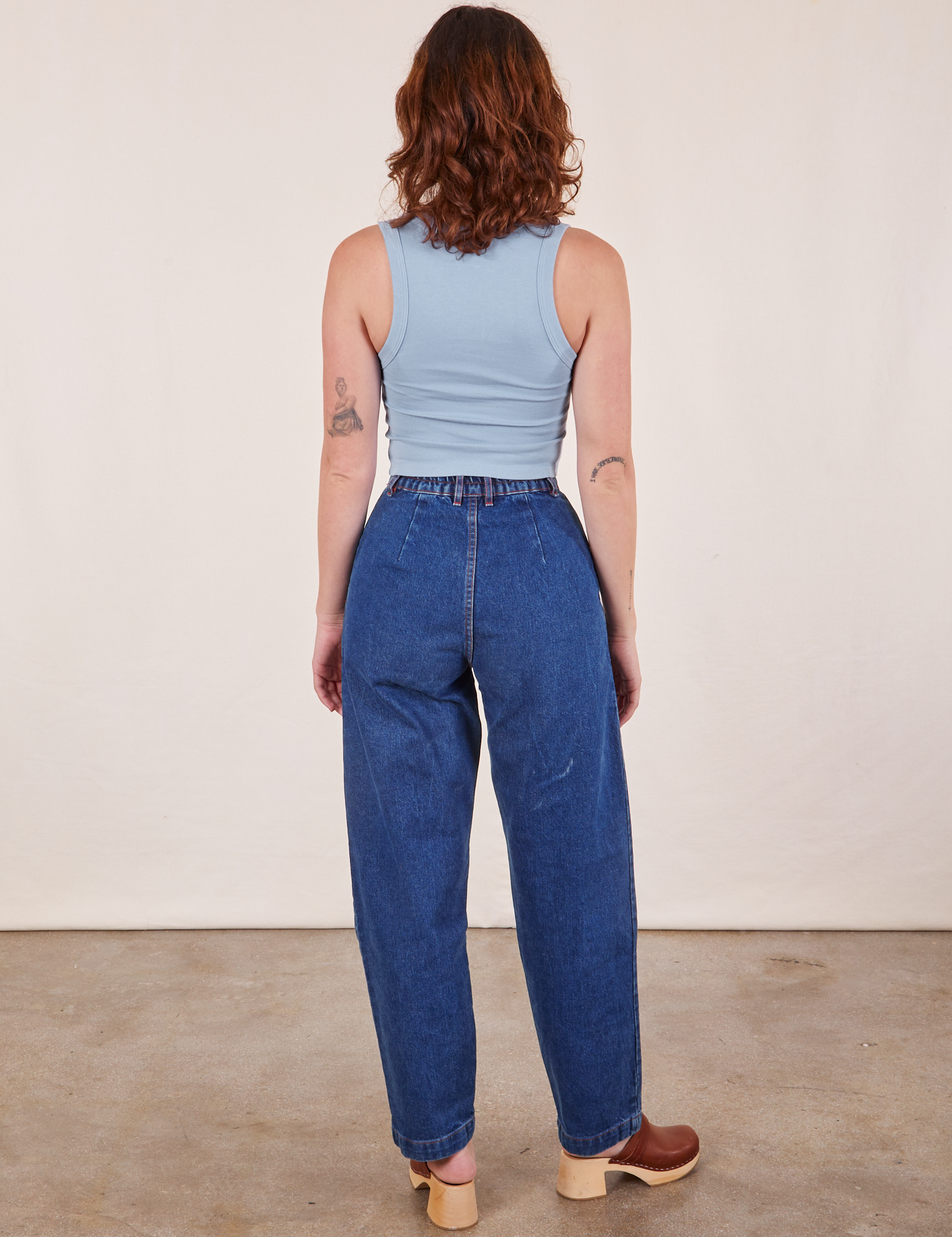Back view of Cropped Tank Top in Periwinkle and dark wash Denim Trouser Jeans