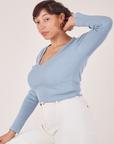 Angled front view of Long Sleeve V-Neck Tee in Periwinkle on Tiara